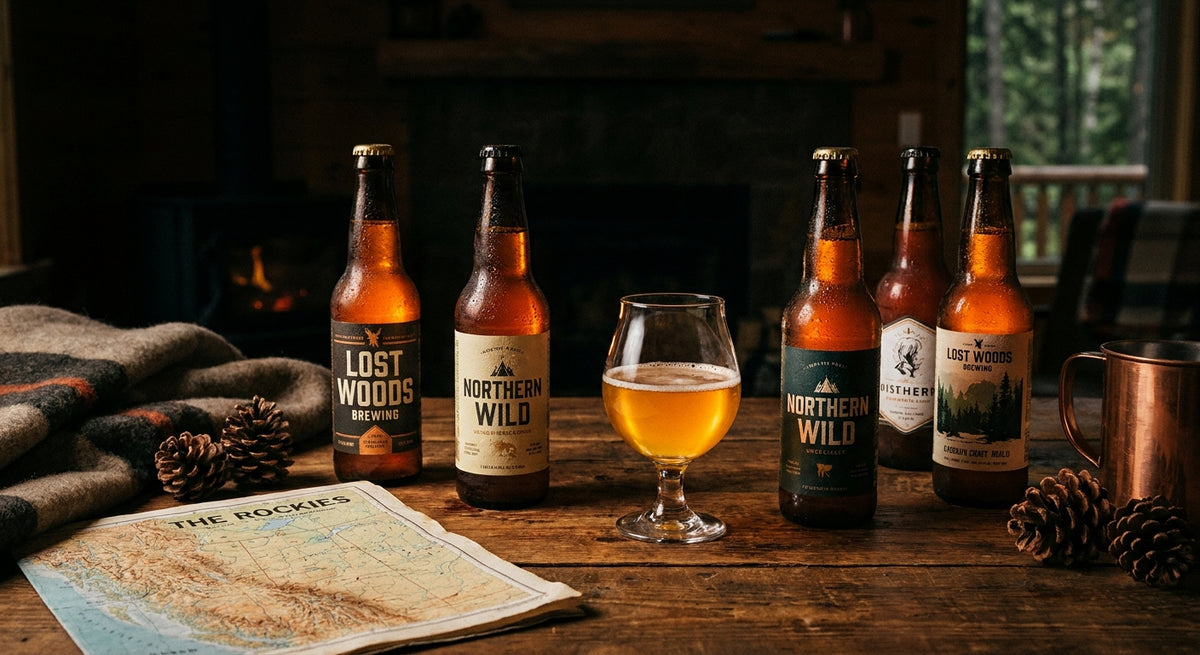 A lineup of artisan craft beer bottles with condensation resting on a rustic wooden table inside a warmly lit Canadian cabin, surrounded by pine cones and a glowing glass of golden ale.